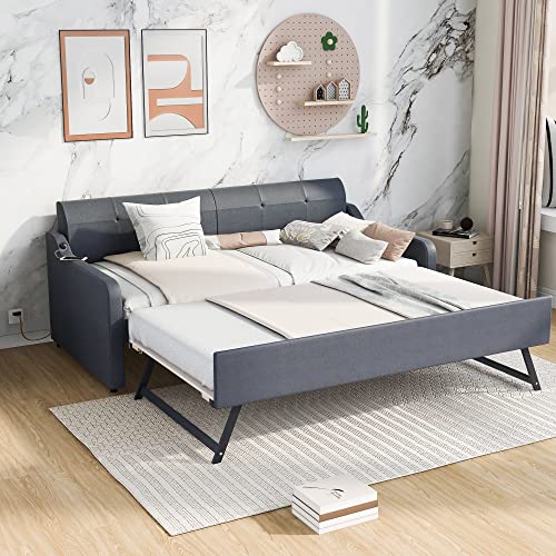 Harper & Bright Designs Twin Size Day Bed with Pop up Trundle Upholstered Day Beds with USB Charging, Wood Twin Bed Frame for Kids, Teens and Adults Trundle can be Flat or erected (Grey)