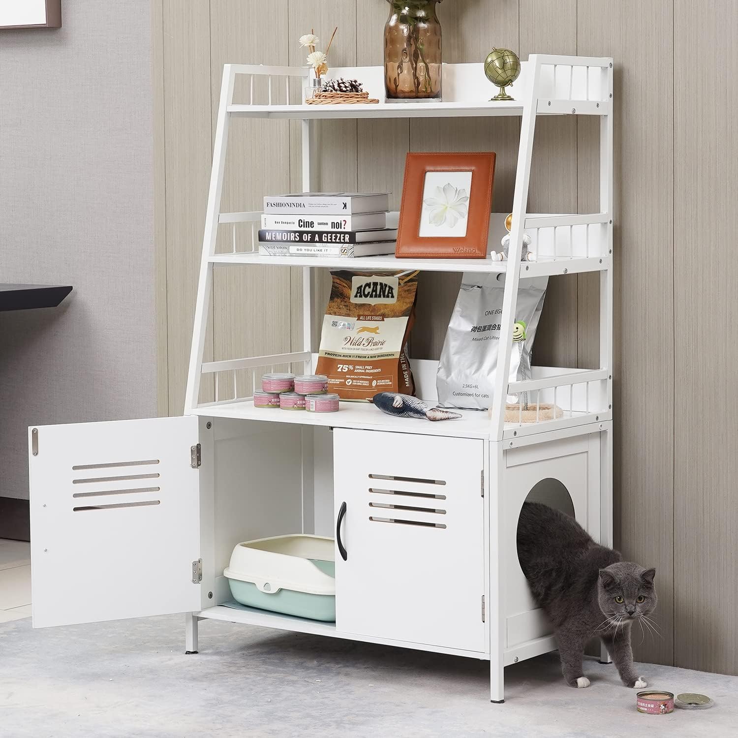 Cat Litter Box Enclosure Furniture with Shelf Storage and 2 Doors A7044