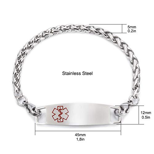 Medical ID Bracelet for Women Stainless Steel Wheat Chain with Health Info Tag N209