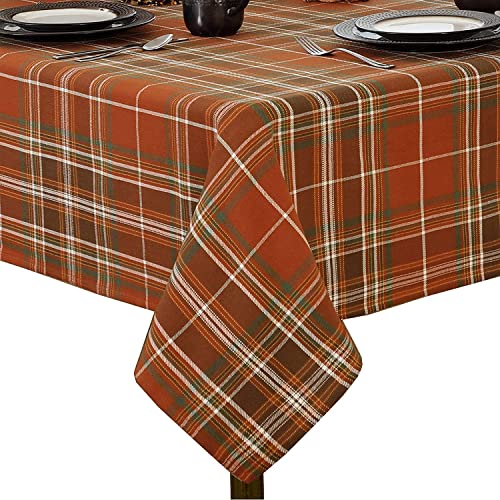 Plaid Weave Tablecloth, Rust and Green, 70 Inch Round F39356