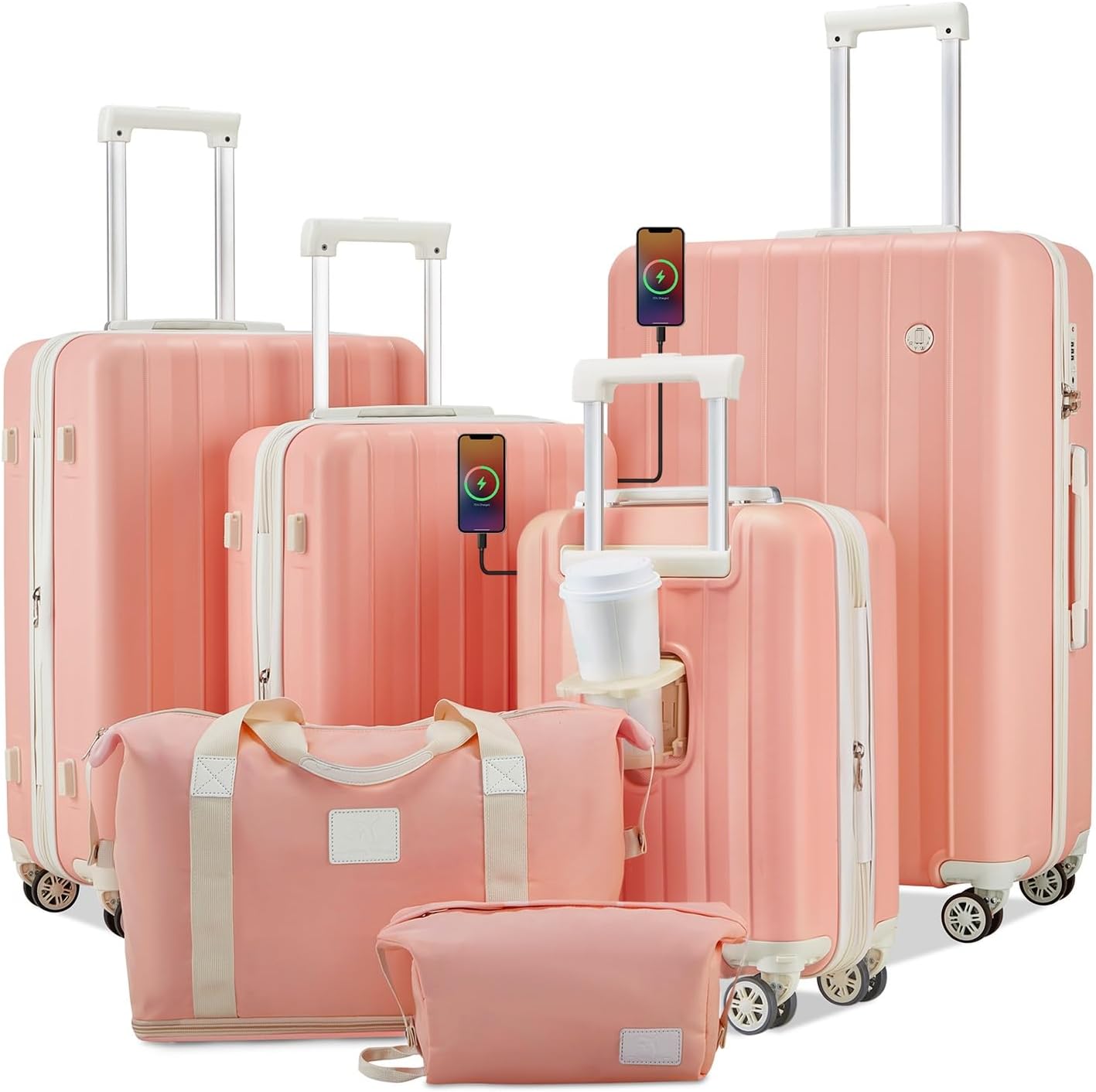 imiomo Luggage Sets 4 Piece Expandable Luggage Set with 2 toiletry bags , Hardside Carry on Suitcase with USB Port Cup Holder, Travel Luggage Suitcase with Spinner Wheels TSA Lock, Pink Beige