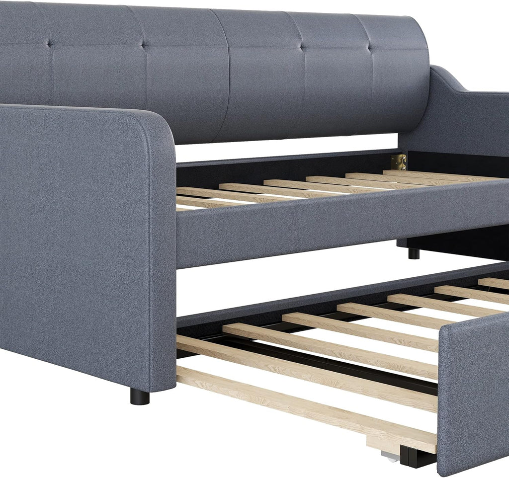 Upholstered Daybed with Trundle and USB Charging, Extendable Sofa Bed Frame A685934