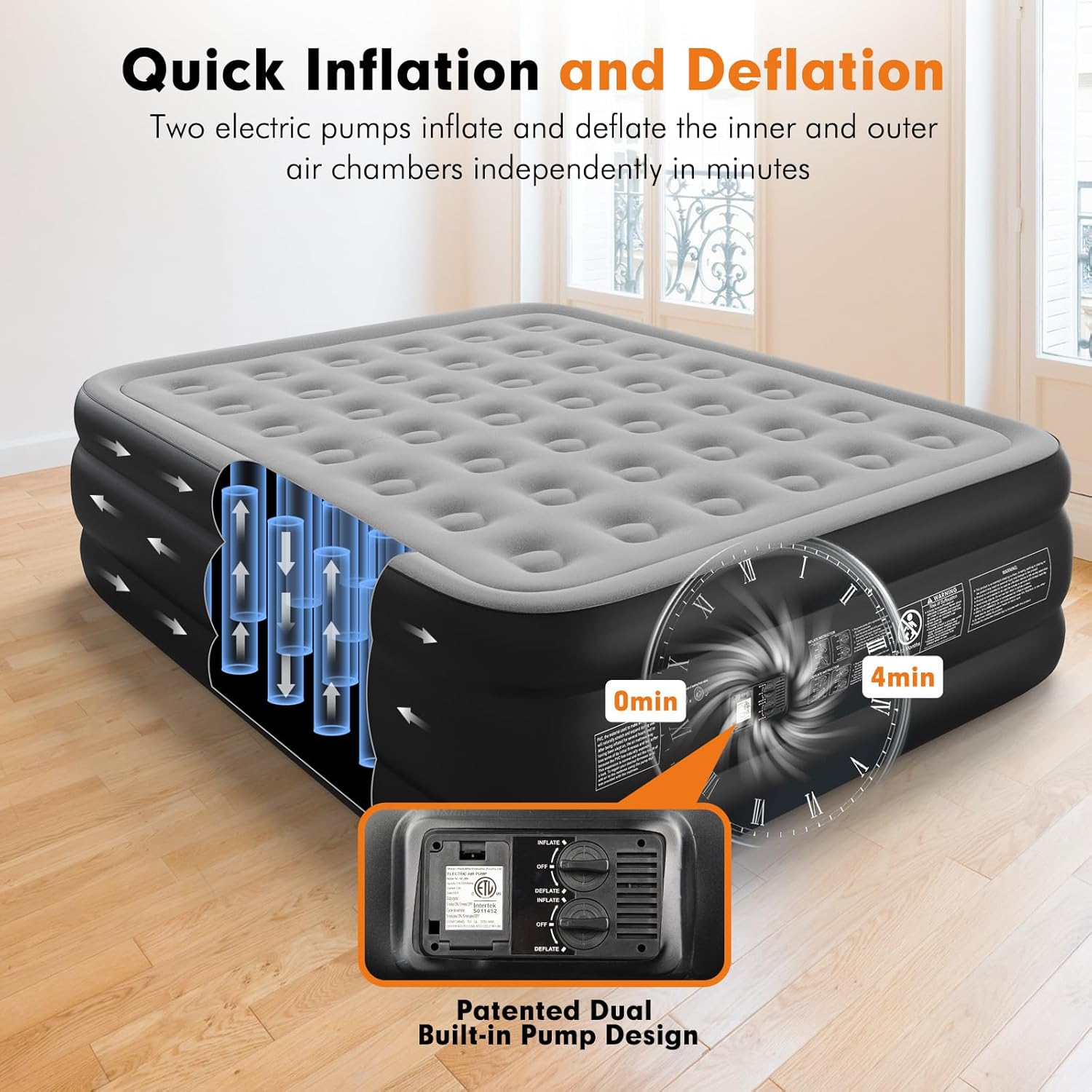 Queen Air Mattress with Built-in Double Pump, 18" Tall Inflatable Bed C37503
