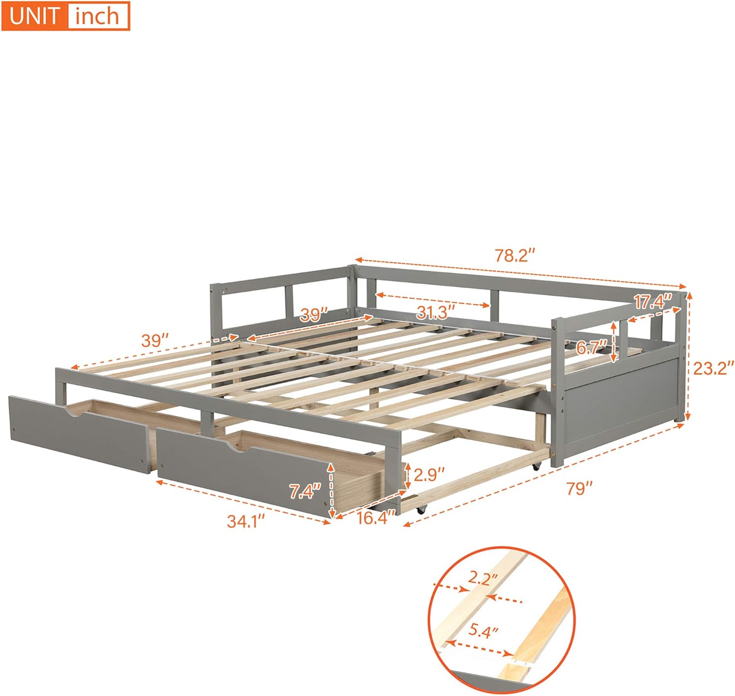 Wooden Daybed with Trundle and Storage Drawers, Twin to King, No Box Spring Required X4779