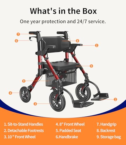 Rollator Walker with Seat, Lightweight Foldable Transport Chair with Brakes W69207