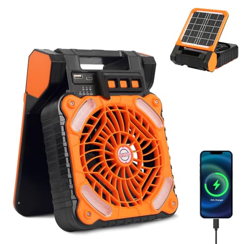 Solar Powered Fan for Camping 20000mAh Rechargeable Solar Fan with LED Light & Timer, 4 Speed Portable Camping Fan with PowerBank, Folding USB Charger Port for Outdoor Stay Cool Anywhere (1, Orange)