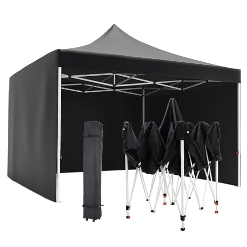 Commercial Canopy Tent 10*10ft,Instant Gazebo Tent, Outdoor Portable Shelter With 3 Sidewalls, Windows, Wheeled Bag,Stakes and Ropes,Pop Up Canopy Tent for Outdoor/Parties and Events-black