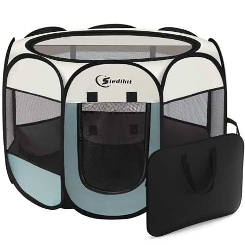 Dog Playpen, Puppy Pet Cat Playpen Indoor for Small Dogs, Dog Tent Crates Cage Indoor/Outdoor, Portable Pop Up Dog Kennel Playpen with Carrying Case for Dogs/Cats/Rabbits, Removable Zipper Top, Grey