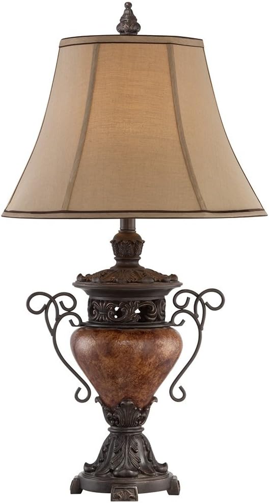 Regency Hill Traditional Style Table Lamp 31.5" Tall Bronze Brown Crackle Iron Metal Urn Faux Silk Bell Fabric Shade Decor for Living Room Bedroom House Bedside Nightstand Home Office