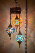 DEMMEX Customizable Turkish Moroccan Mosaic Swag Plug In Chandelier, Boho Colorful Exotic Oriental Ceiling Hanging Lamp Pendant Light Fixture Lighting, 15ft Cord Chain and Plug, 3 Big Globes (Plug In)