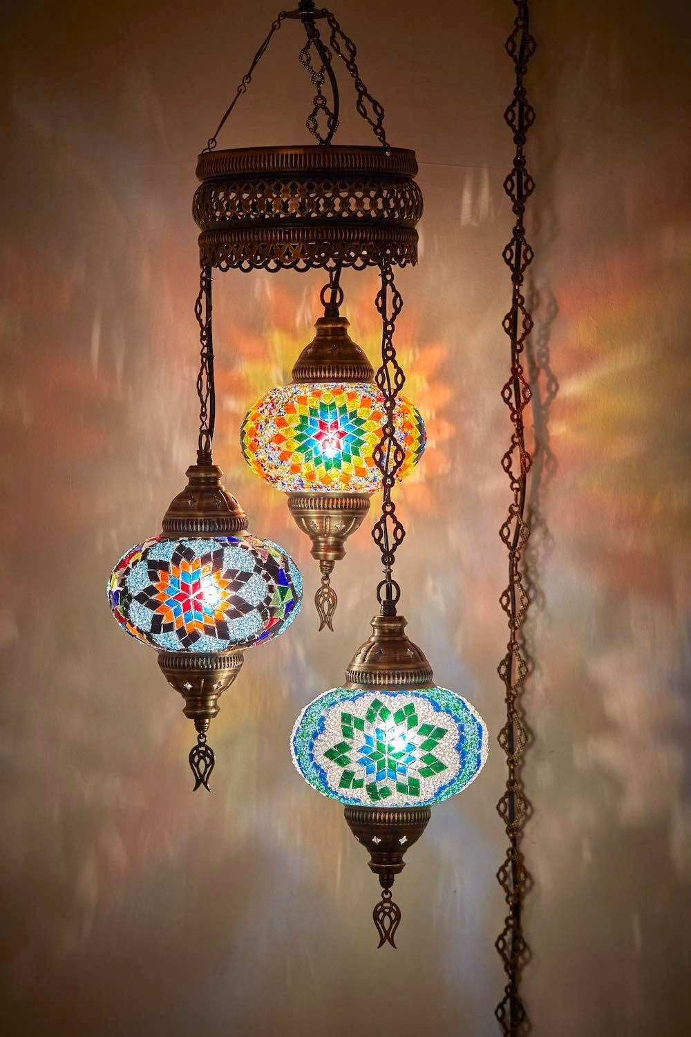 DEMMEX Customizable Turkish Moroccan Mosaic Swag Plug In Chandelier, Boho Colorful Exotic Oriental Ceiling Hanging Lamp Pendant Light Fixture Lighting, 15ft Cord Chain and Plug, 3 Big Globes (Plug In)