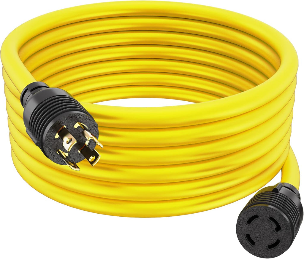 Houseables 30 Amp Generator Cord 4 Prong, Extension Generator Cable, 25 Ft, 125-250v, 7500 watt max Rating, UL CUL, NEMA L-14-30P, Rubber, 10 Gauge, Heavy Duty, L14-30, Transfer, Twist Lock Power Cord