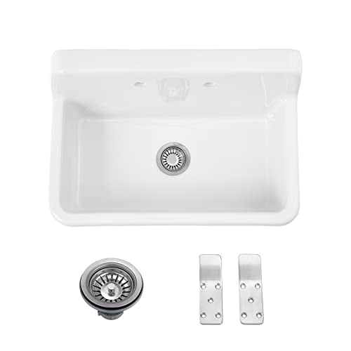 White Ceramic Farmhouse Kitchen Sink 24"x19"x16.5" Wall Mount Utility Sink with 8 Inch Center Faucet T59659