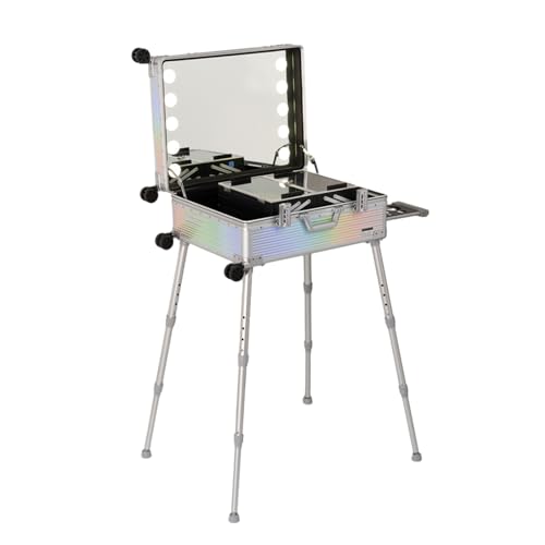 Rolling Makeup Train Case With Lighted Mirror, Make Up Cosmetic Orgainzer Box Travel Case, Professional Aluminum Trolley Salon Staion (Silver Stripe)