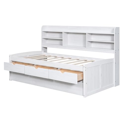Twin Size Captain Bed with Built-in Bookshelves, Storage Drawers and Trundle A24504