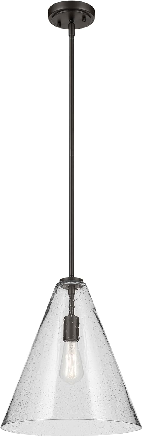 KICHLER Everly 15.5" 1-Light Cone Pendant with Clear Seeded Glass in Olde Bronze, for Kitchen Island, Dining Nook, Bedroom, (15.5" x 14.25") 42200OZCS