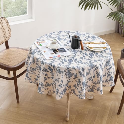 Rustic Floral Round Tablecloth 55 Inch, Machine Washable Cotton Linen W347352
