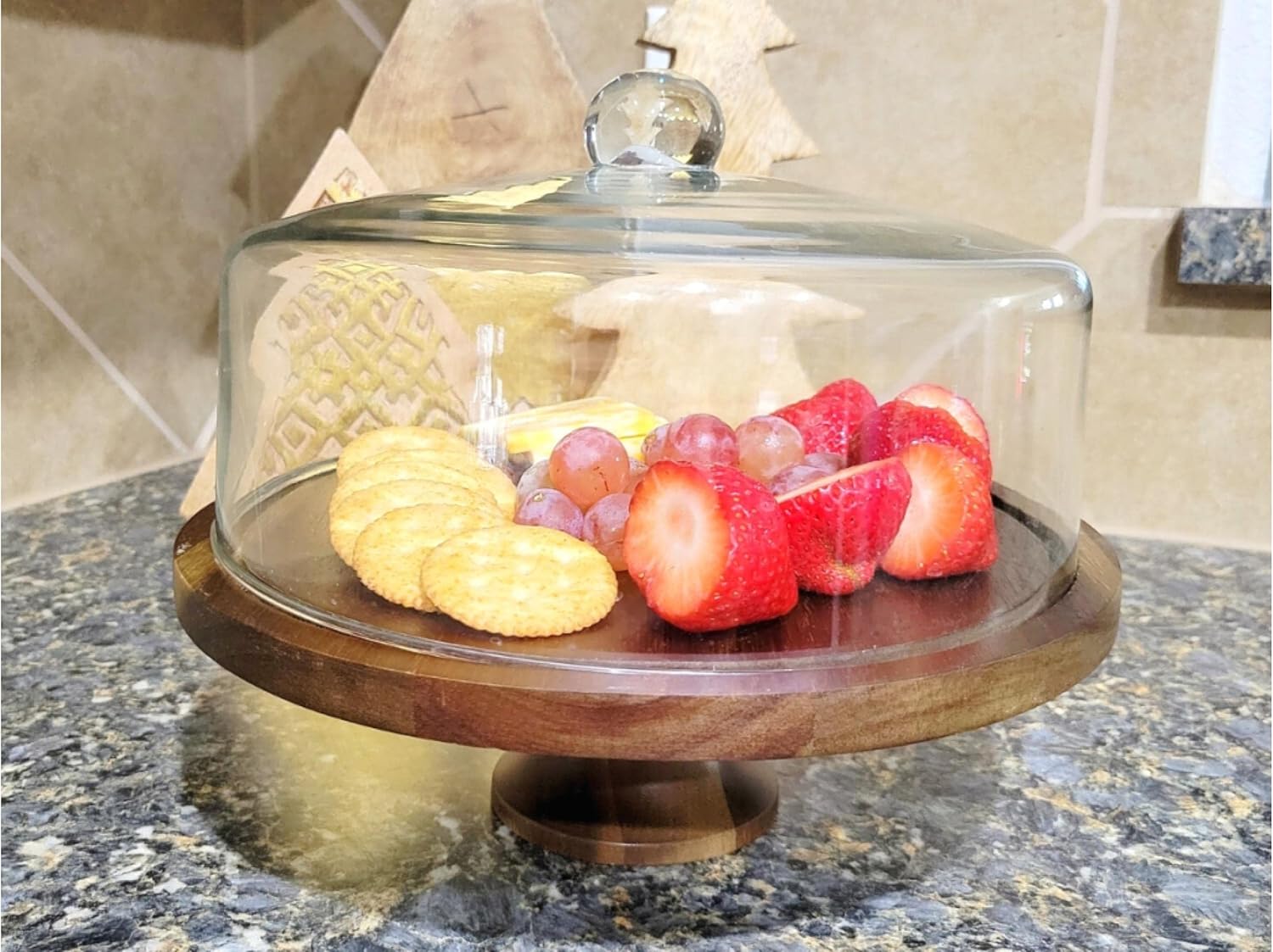 Large Cake Stand with Glass Dome and Wood Pedestal O711810