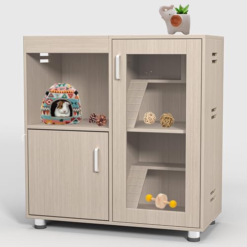 4-Tier Wooden Hamster Cage with Storage Cabinet, House for Rat Chinchilla, Openable Top, Acrylic Windows, Easy to Install, Waterproof, Suitable for Small Animals like Hamsters, Guinea Pigs (Teak)
