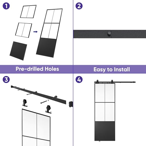 30" x 84" Glass Sliding Barn Door with Top Mounted Hardware Kit, 3-Panel Aluminum Frame, Frosted Tempered Glass, Black N5680