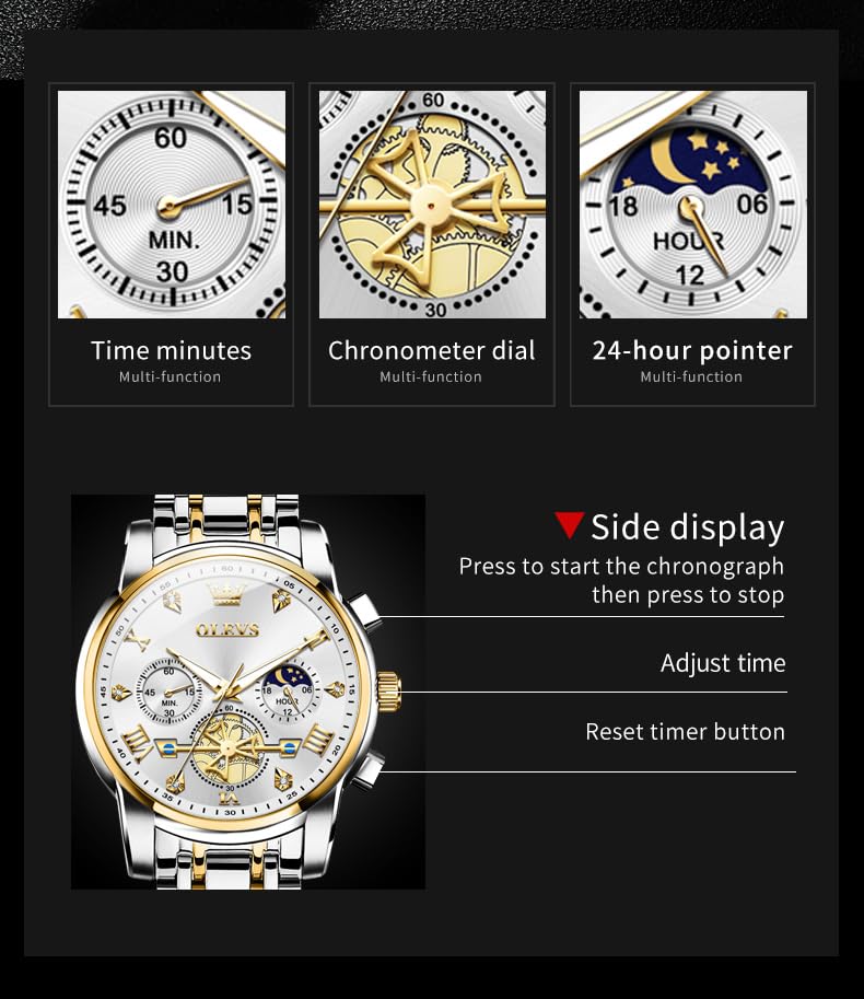 Men Skeleton Watch Stainless Steel Analog Quartz Moon Phase P9497