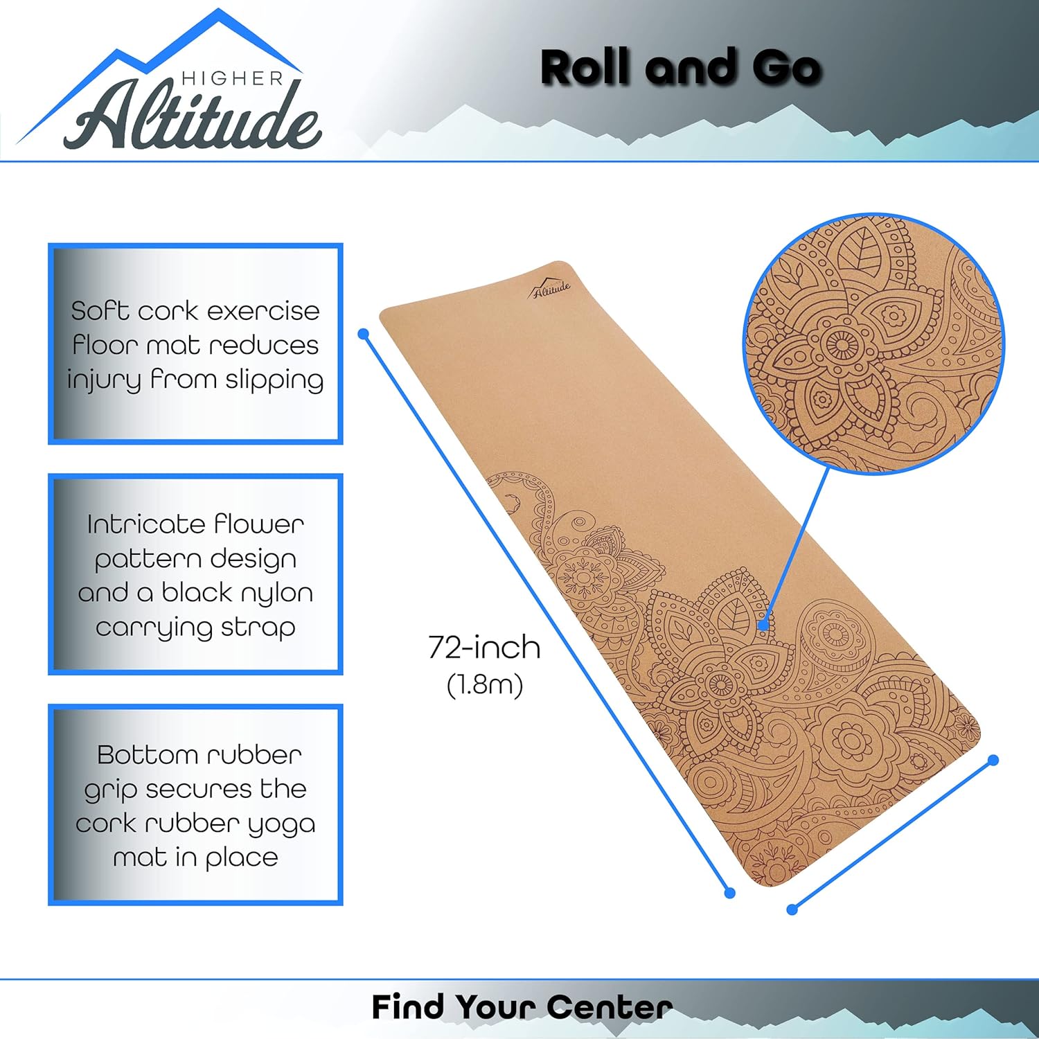 Cork Yoga Mat with Rubber Padding and Carrying Loop V6072