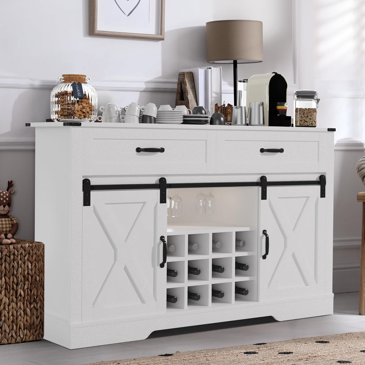 Sliding Barn Door Sideboard Buffet Cabinet with Wine Rack, White & Oak Y496