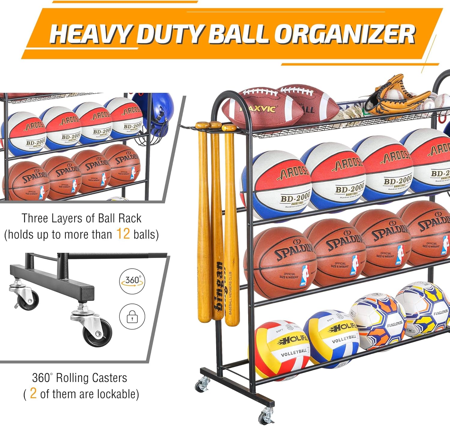 Basketball Rack, Rolling Ball Storage with Bat Holder and Hooks, Sports Equipment Storage with Wheels Z90342
