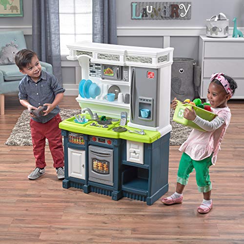 Kids Play Kitchen Set with 20 Pieces, Indoor Outdoor Toy, Blue White Green T389418