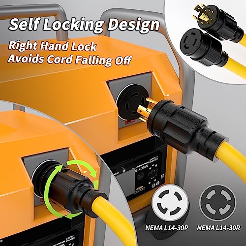 40FT 30 Amp Generator Extension Cord, NEMA L14-30, 10 Gauge, Twist Lock, Yellow I3045