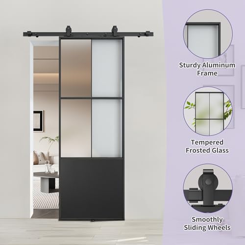 30" x 84" Glass Sliding Barn Door with Top Mounted Hardware Kit, 3-Panel Aluminum Frame, Frosted Tempered Glass, Black N5680