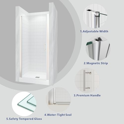 Semi Frameless Pivot Swing Shower Door, Clear Tempered Glass, Chrome Finish I97733
