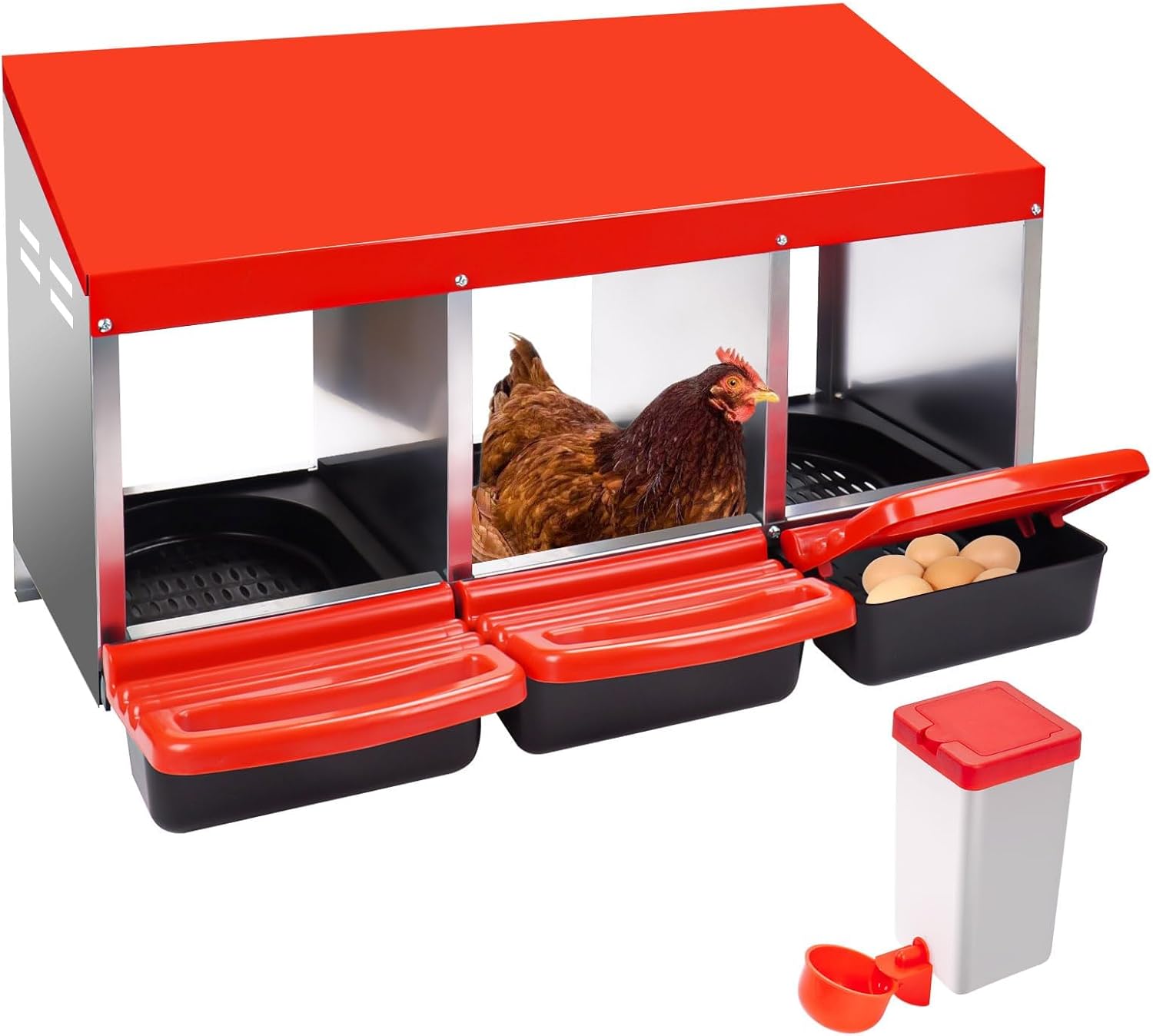 Chicken Nesting Boxes, 3 Compartment Roll Out Nesting Box for Chickens, Metal Chicken Egg Laying Box with Lid Cover to Protect Eggs