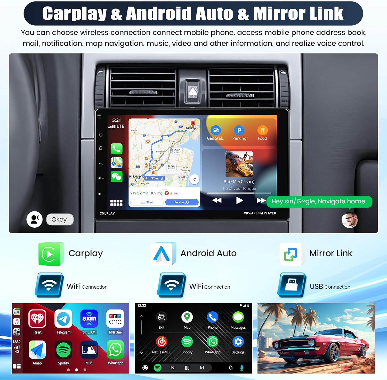 9 Inch Car Stereo with Wireless Carplay and Android Auto, Touchscreen, Bluetooth, Backup Camera O51879