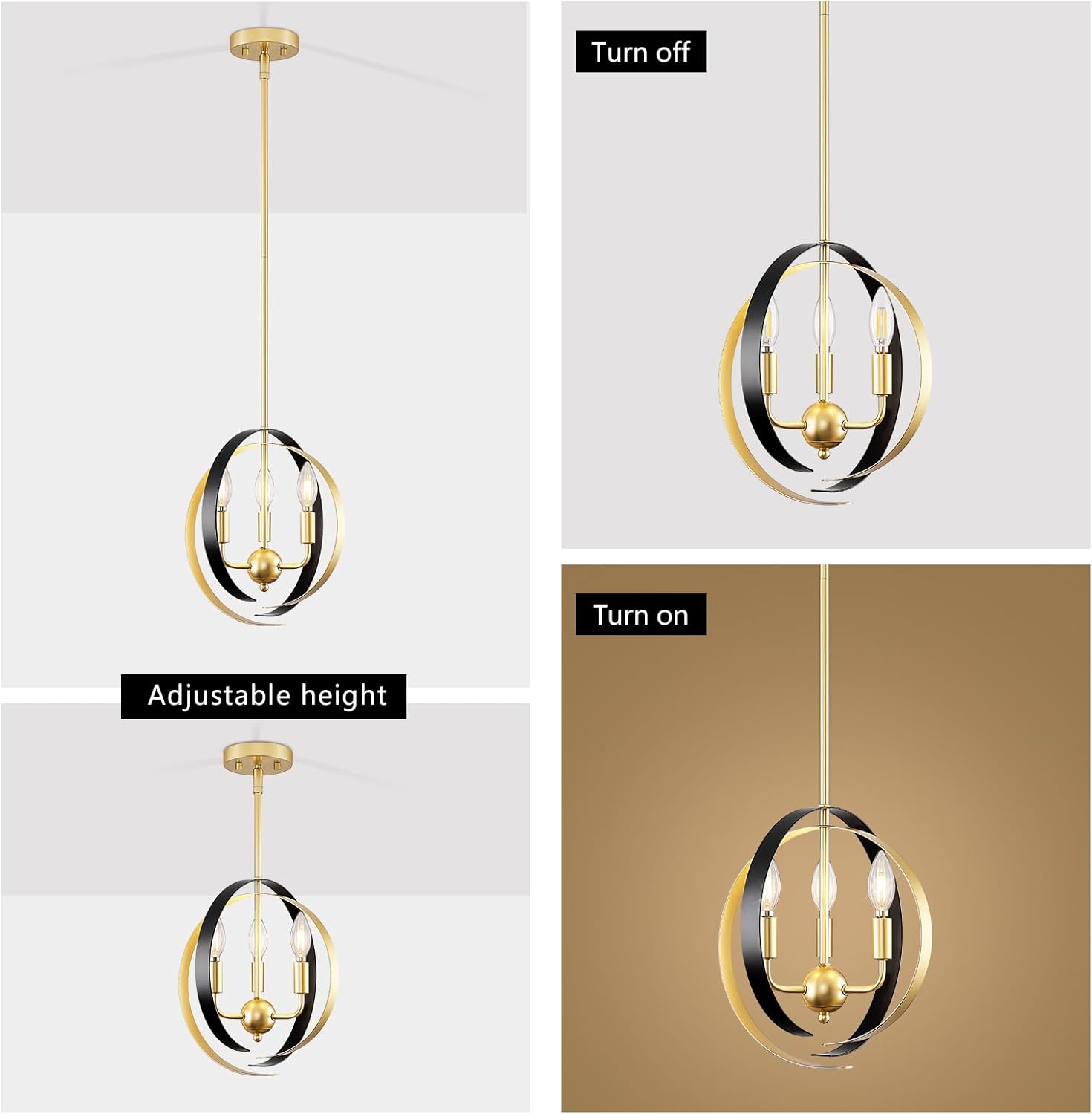 Modern Globe Pendant Light, Adjustable Height 3-Light for Dining Room and Kitchen Island B954076