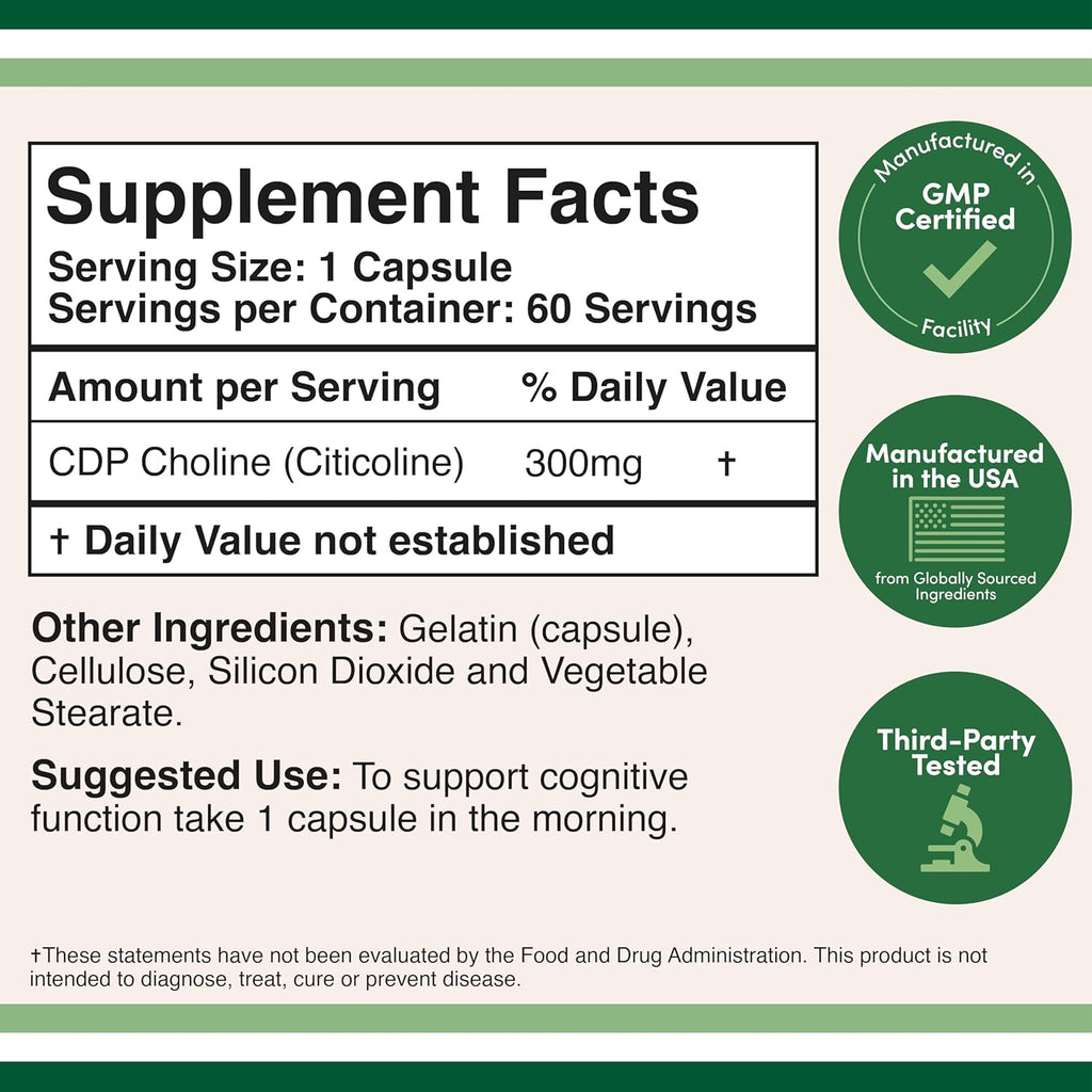 Choline Citicoline Supplement, 300mg, 60 Capsules H679