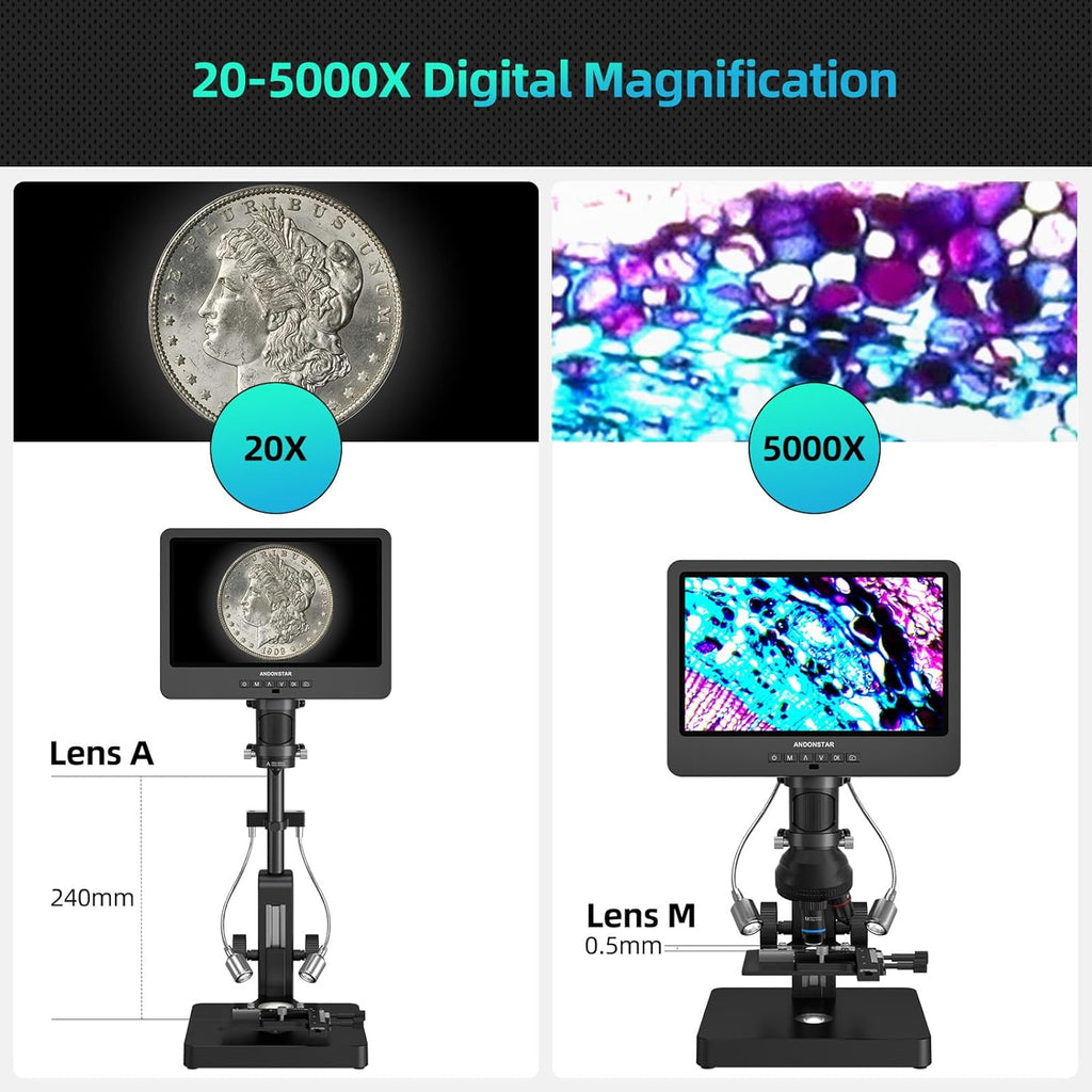20X-5000X HDMI Digital Microscope with 10.1'' LCD Screen for Home Lab G2637
