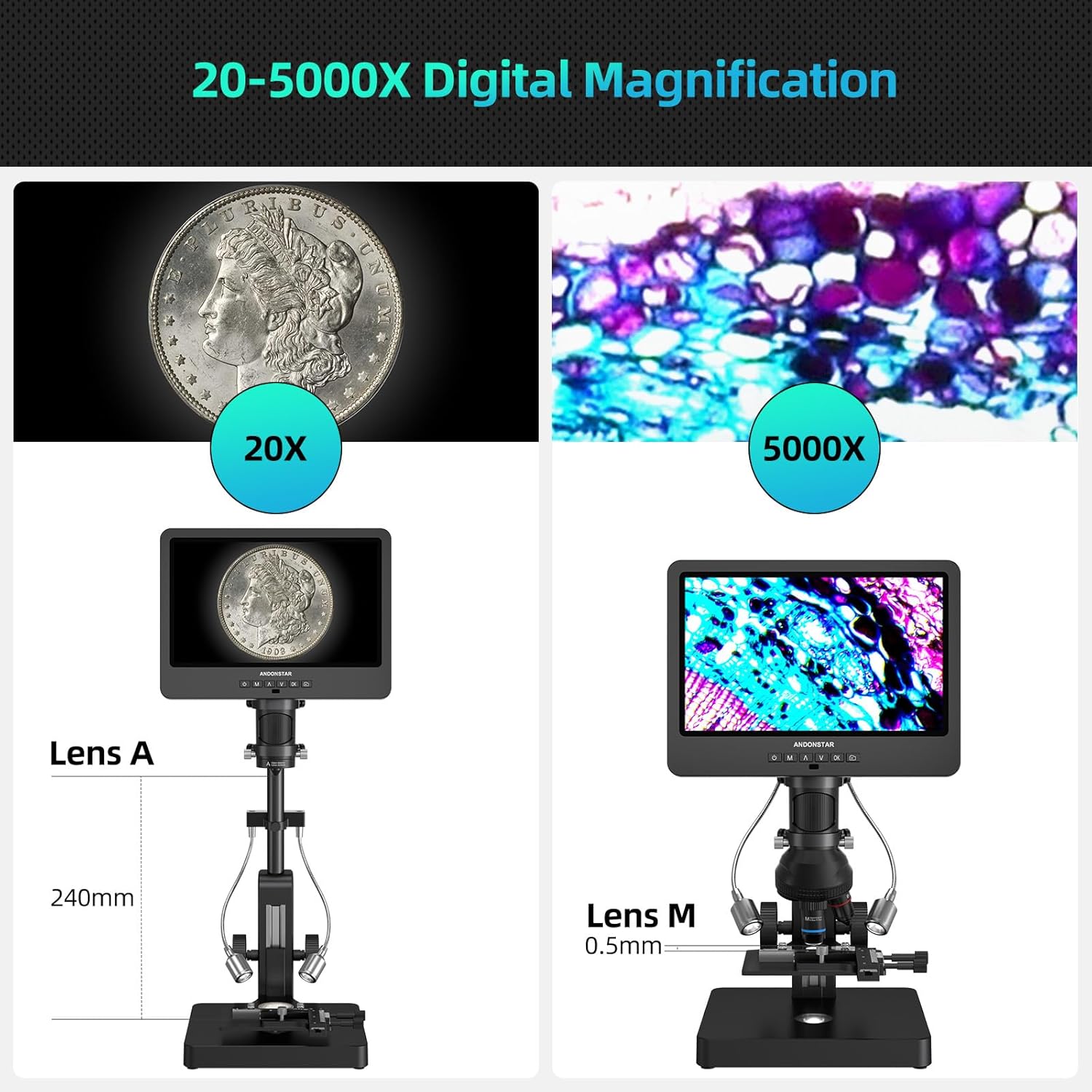 20X-5000X HDMI Digital Microscope with 10.1'' LCD Screen for Home Lab G2637