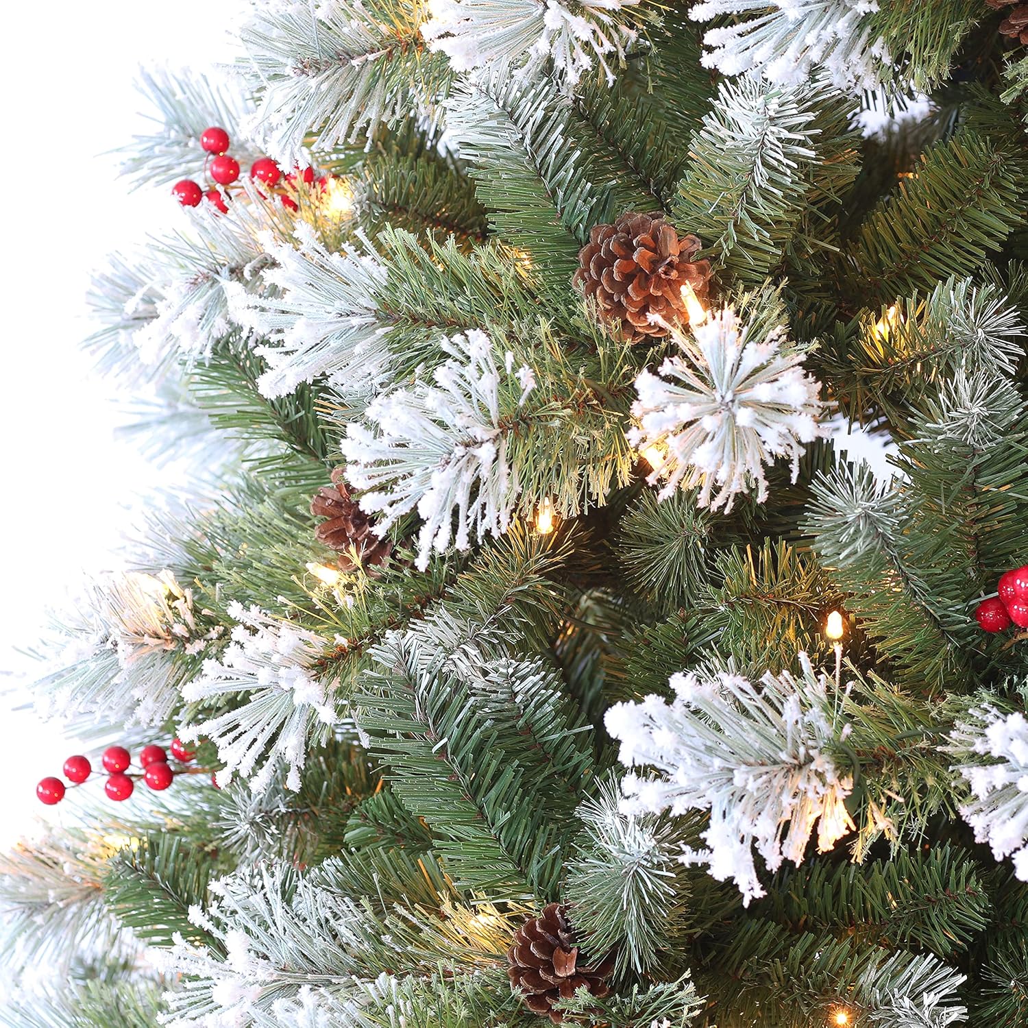 Flocked Pine Tree with Clear Lights, Pine Cones & Berries J341