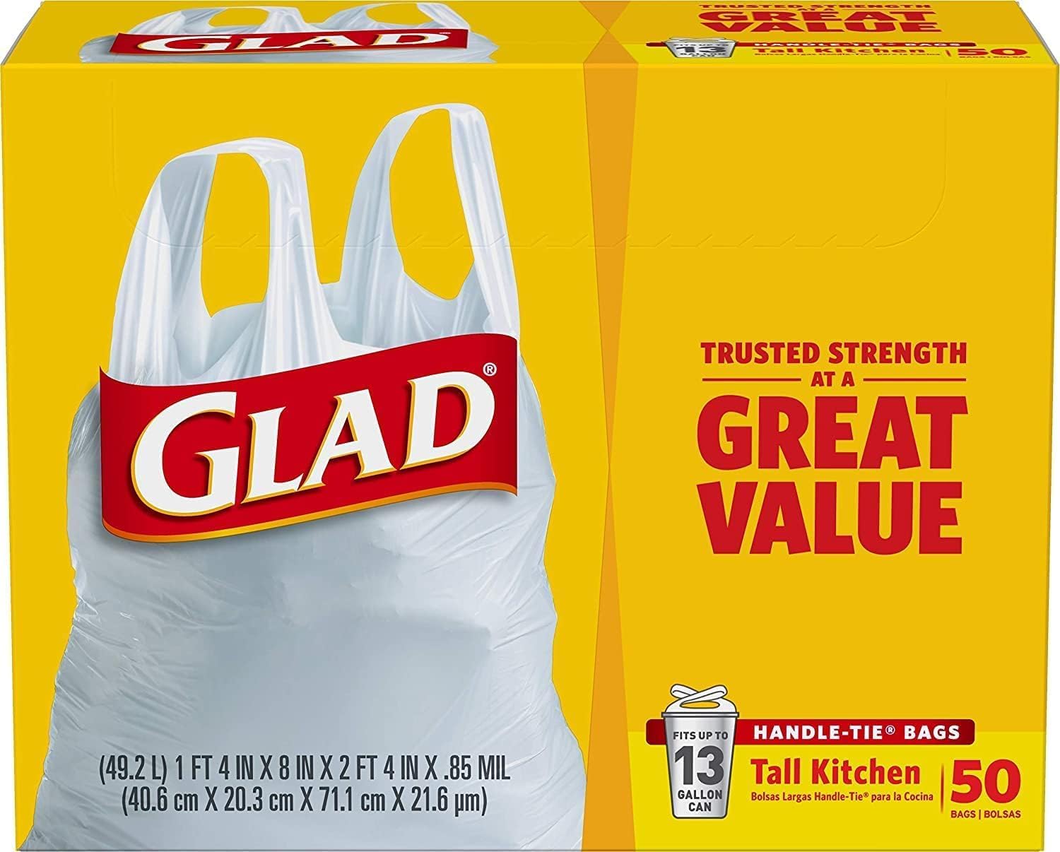 Tall Kitchen Handle-Tie Trash Bags 13 Gallon, 50 Count R7743
