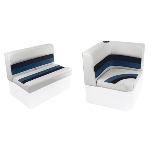 Wise 8WD100-1008 Deluxe Series 37" Pontoon Bench Seat Cushion Set (Base Required to Complete), White/Navy/Blue & 8WD110-204 Deluxe Series Pontoon Left Arm Rest, White