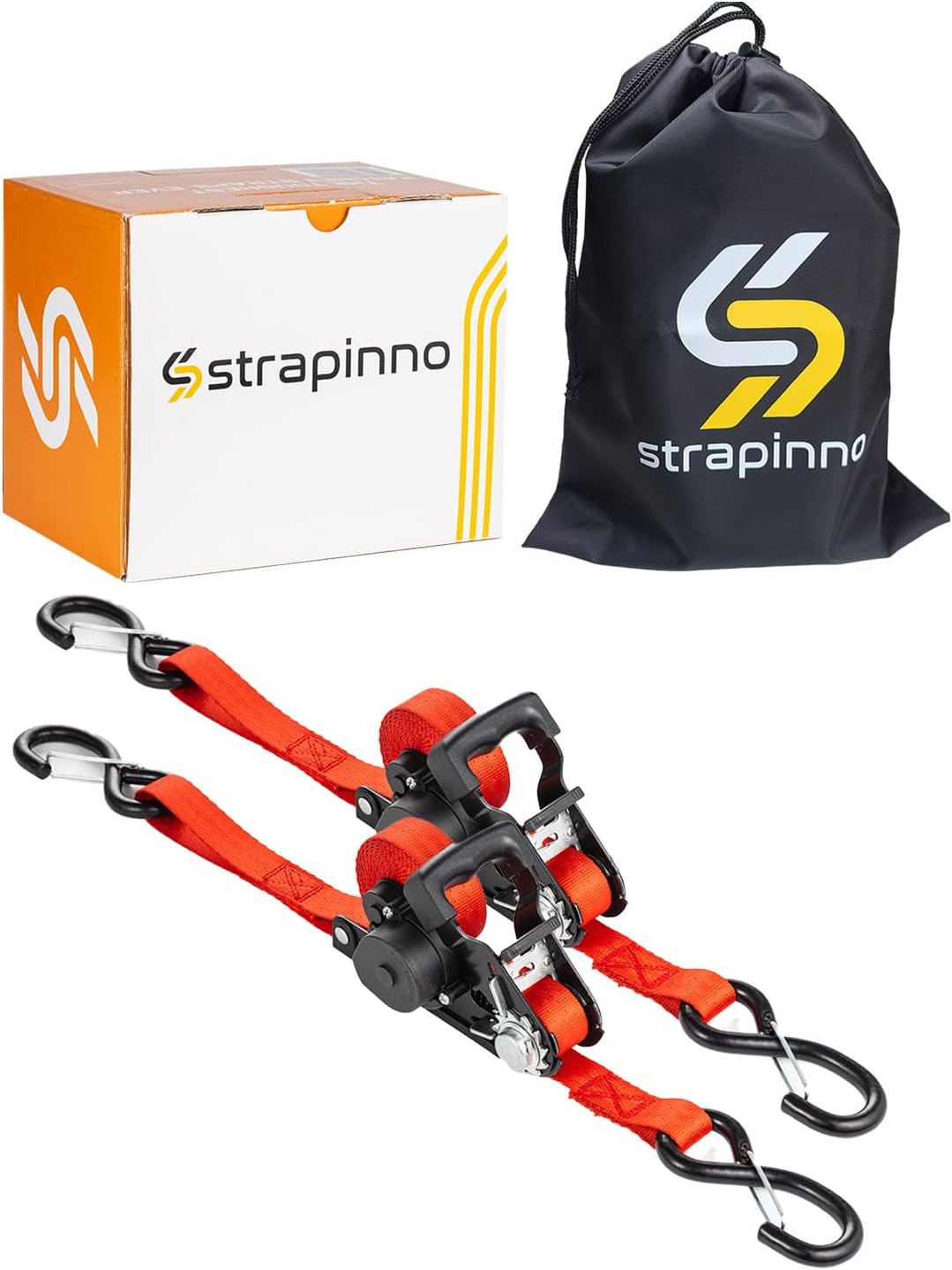 Strapinno Retractable Ratchet Straps - 1 in x 15 ft Heavy Duty Tie Downs, 3000lbs Breaking Strength, S Hooks with Safety Clip, Easily Store with AutoRetract, for Boat, ATV, Motorcycle, & Cargo (2PCS)