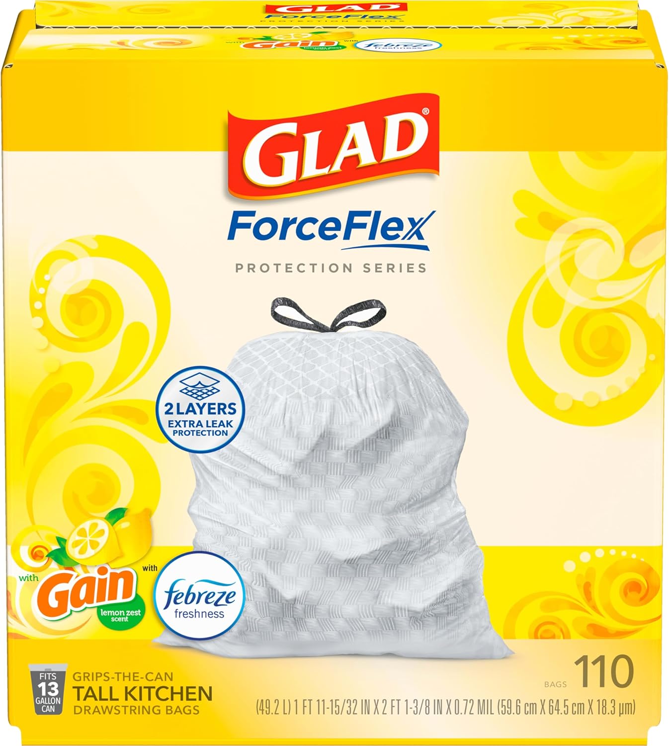 Glad Trash Bags, ForceFlex Tall Kitchen Drawstring Garbage Bags, 13 Gal, Gain Lemon Zest, 110 Ct, Pack May Vary