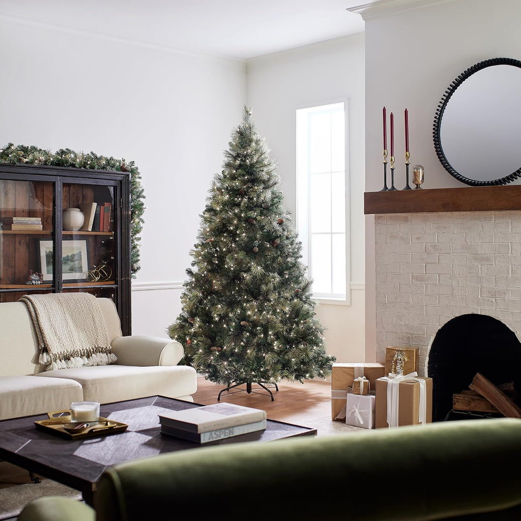 Artificial Holiday Prelit Christmas Tree with 750 Clear Lights, Pinecones, and Metal Stand A566715