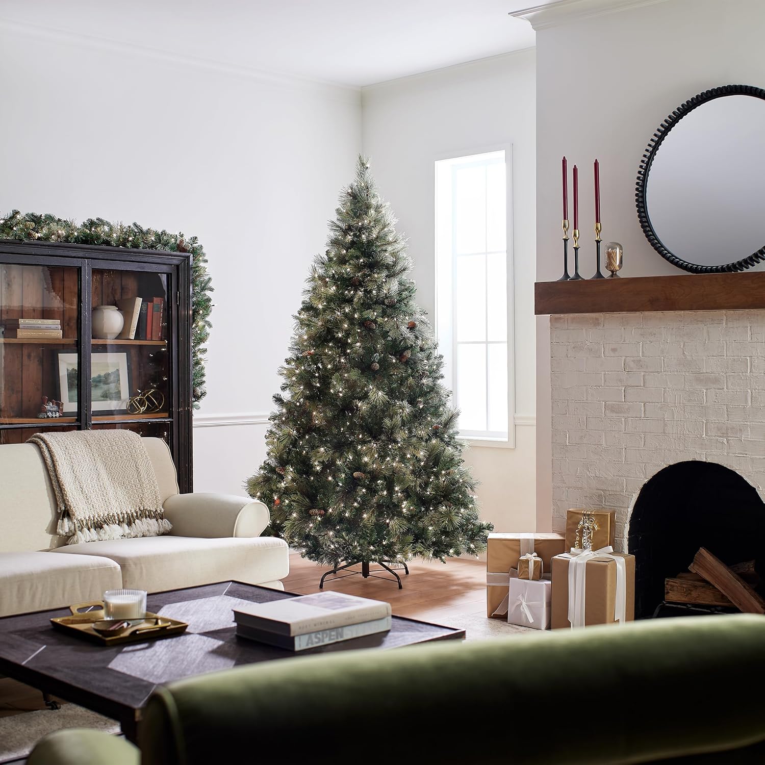 Artificial Holiday Prelit Christmas Tree with 750 Clear Lights, Pinecones, and Metal Stand A566715