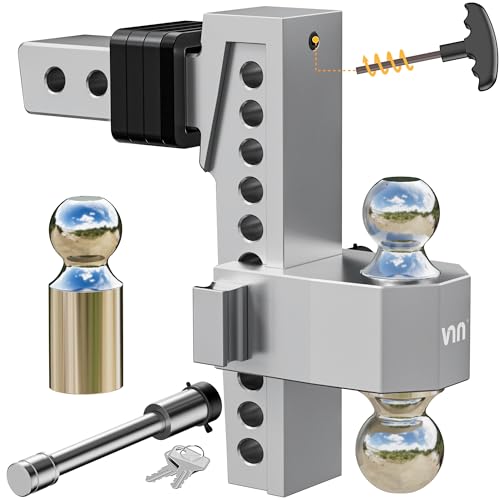 VNN Adjustable Drop Hitch, Tri-Ball(1-7/8'', 2'', 2-5/16'') Hitch, Fits 2-Inch Receiver, 8 Inch Drop Trailer Hitch, 15000 LBS GTW-Truck Trailer Hitch, Heavy Duty Solid Ball Mount, Silver, VN0004