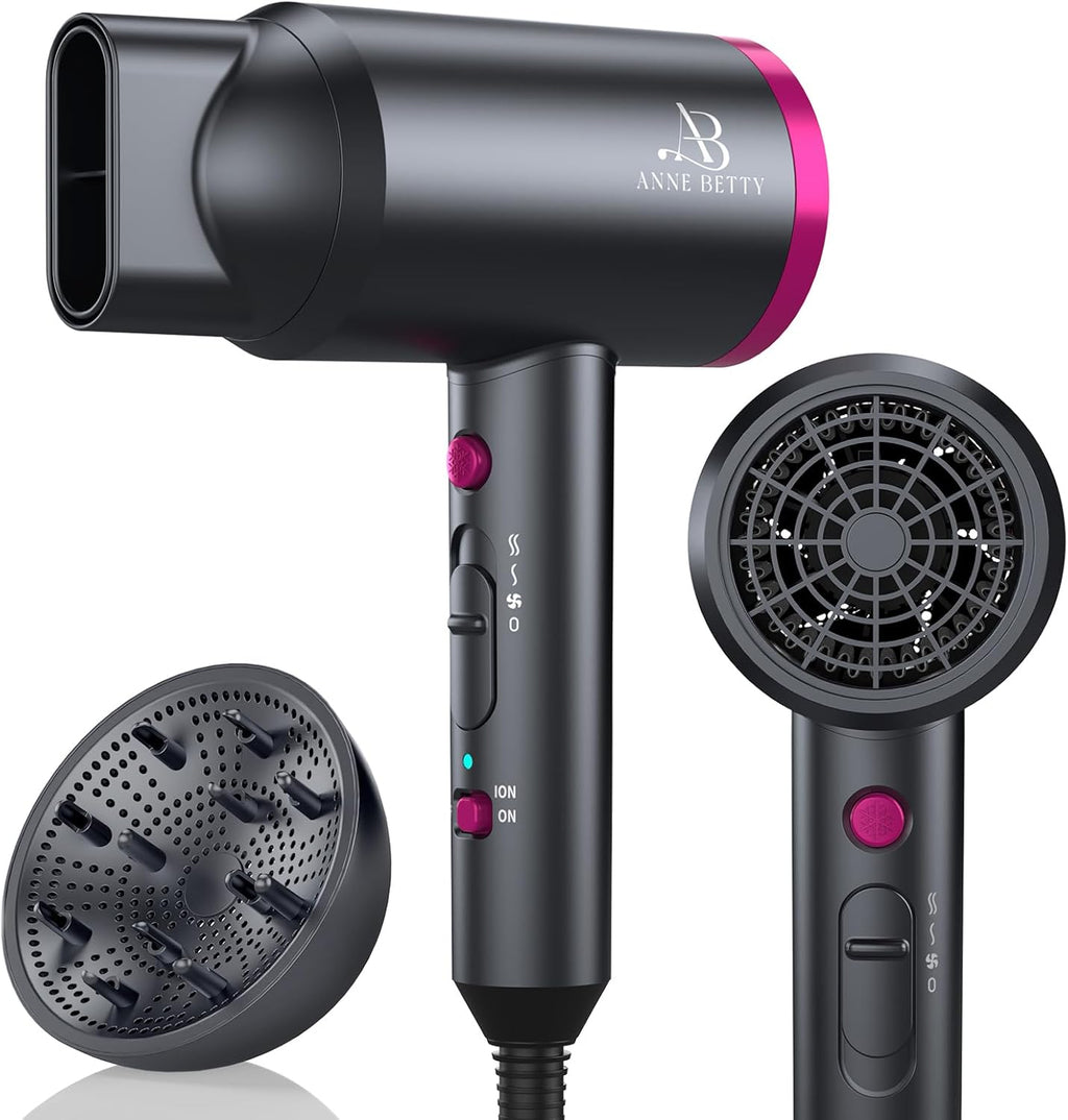 Hair Dryer with Diffuser, Portable Blow Dryer for Curly Hair for Women/Men, 1800 Watt Ionic HairDryer, Blow Dryer with Nozzle for Fast Drying as Salon, Lightweight