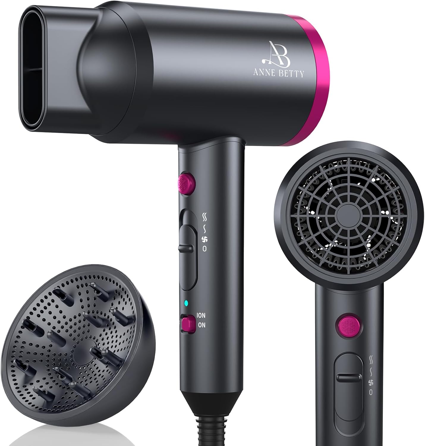 Hair Dryer with Diffuser, Portable Blow Dryer for Curly Hair for Women/Men, 1800 Watt Ionic HairDryer, Blow Dryer with Nozzle for Fast Drying as Salon, Lightweight