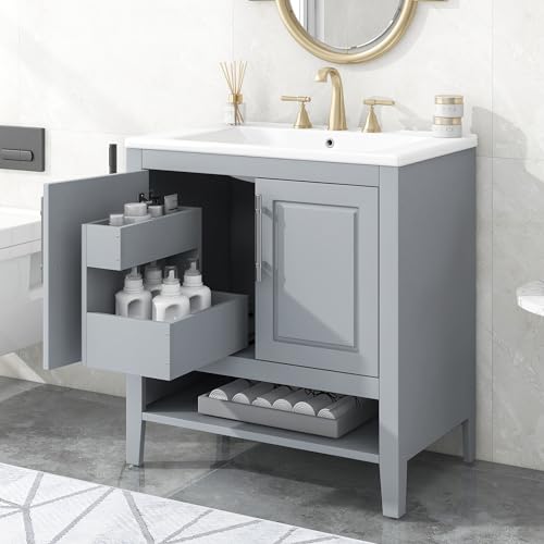 30" Bathroom Vanity with Sink,Bathroom Storage Cabinet with 2 Soft Closing Doors and Drawer,Multi-Functional Bathroom Vanities,Solid Wood Frame,Easy Assmebly(White)