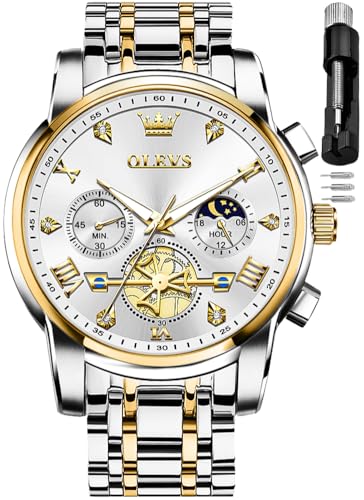 OLEVS Men Skeleton Watches Stainless Steel Analog Quartz Moon Phase Male Watch, Diamond Multi Calendar Chronograph Watch,Waterproof Wrist Watch for Men